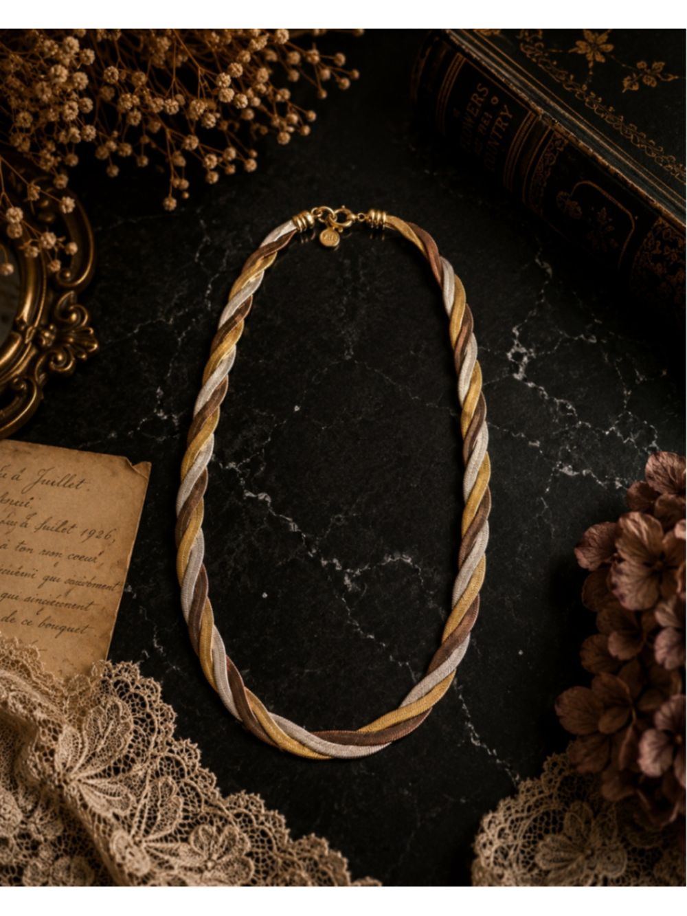 Vintage M&S Tri-Tone Braided Herringbone Necklace | Gold, Silver & Bronze Tone